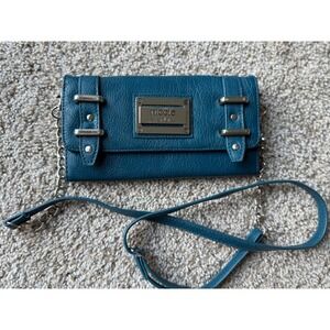 Nicole Miller Crossbody Wallet detachable Chain Strap Teal‎ Blue